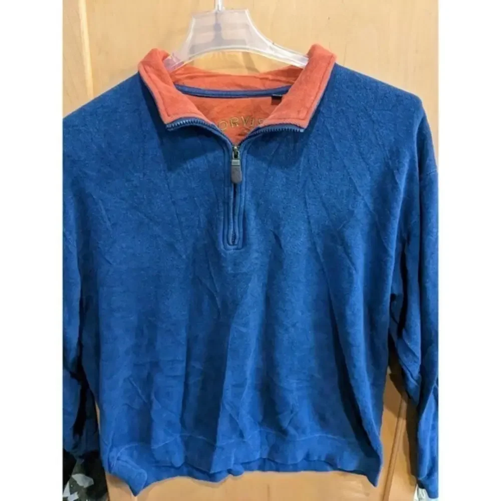 Orvis Mens 1/4 Button Pullover Casual Blue /Orange Sweatshirt‎ Sz L cotton